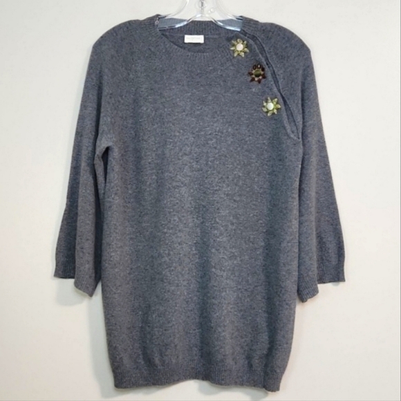Valentino Grey Wool Sweater W/ Crystal Flower Embellishments, Size L ~ Like New - Picture 2 of 13